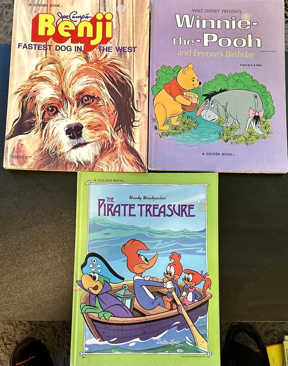 Vintage Kids Golden 3 Book Lot- Benji, Winnie Pooh, Woodie Woodpecker